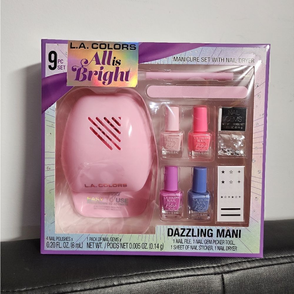 L.A COLORS Pink 9-Piece Mani Rush Manicure Gift Set With Nail Dryer, New